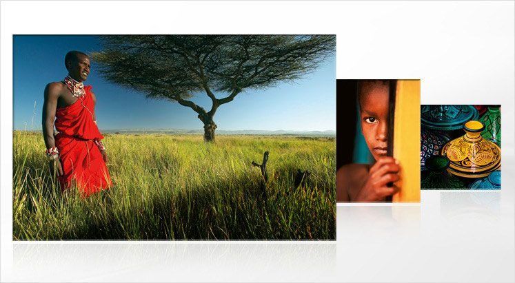 Eine Person in einem leuchtend roten Gewand steht auf einer sonnenbeschienenen Wiese neben einem Baum